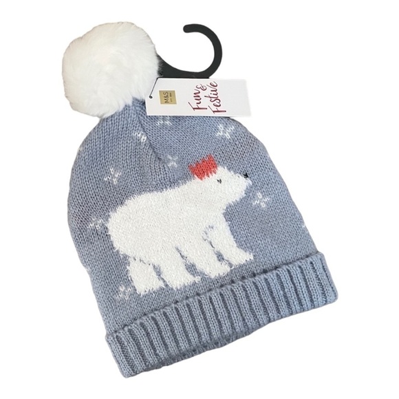 🌺 M&S Fun & Festive Polar Bear King Holiday Winter Pom Beanie NWT - Picture 1 of 8